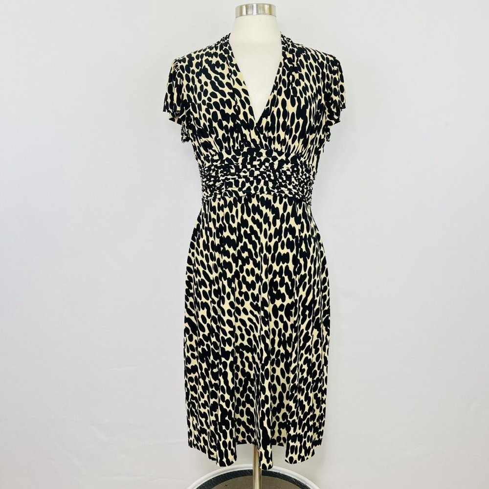 Evan Picone Sz 12 Large Dress Animal Print Black Beige Tan Ruched Waist #H🫠🫠 - Picture 7 of 7